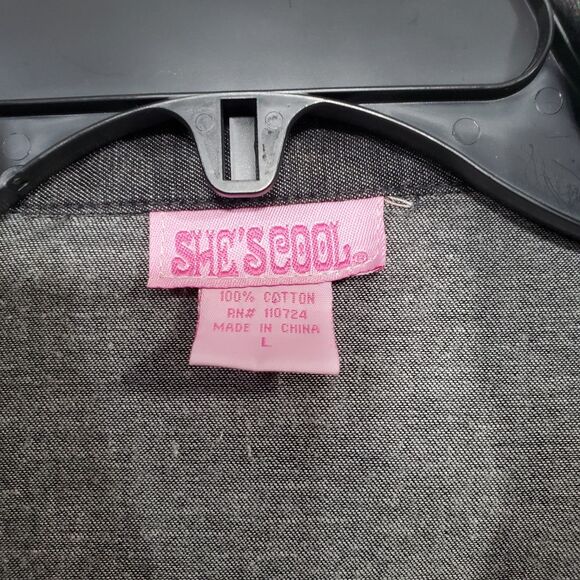 She's Cool Black Chambray Shirt Dress size Lg Roll-Tab 3/4 Sleeve Roll-Tab Hem - Picture 4 of 15